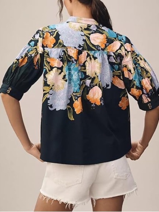 Anthropologie Tops - Anthropologie Navy Floral Puff-Sleeve Blouse